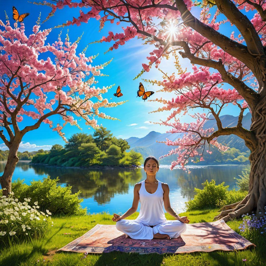 A serene and vibrant scene depicting a person meditating under a blooming tree, surrounded by colorful flowers and butterflies, with sunlight filtering through the leaves. In the background, there’s a clear blue sky and a gentle stream, symbolizing peace and joy. The overall atmosphere should evoke feelings of happiness and tranquility. super-realistic. bright colors. nature-inspired.