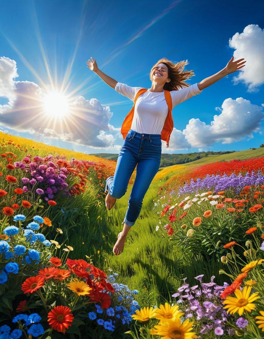 A bright and uplifting scene depicting a person joyfully jumping in a sunlit meadow filled with colorful flowers, surrounded by glowing orbs of light symbolizing positivity. Include a vibrant blue sky with fluffy white clouds and a rainbow arcing in the background to enhance the feeling of exuberance. The overall mood should be energetic and inspiring. super-realistic. vibrant colors. white background.