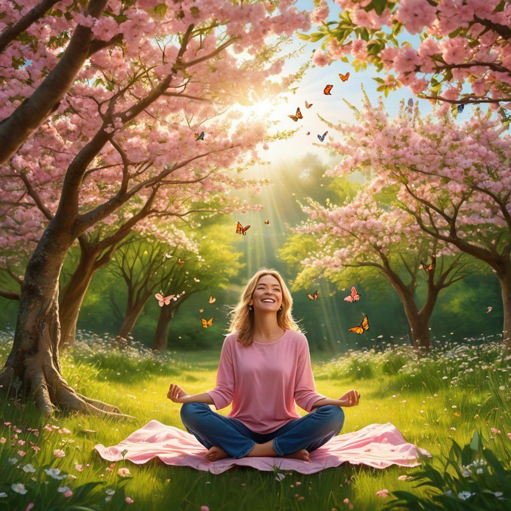 A serene landscape featuring a sunlit meadow filled with colorful wildflowers, where a joyful person meditates peacefully under a gentle cherry blossom tree. Soft rays of sunlight filter through the leaves, casting a warm glow on their smiling face, surrounded by butterflies and birds in flight. The atmosphere should radiate a sense of calm and happiness, inviting viewers to celebrate blissful moments. vibrant colors. super-realistic.